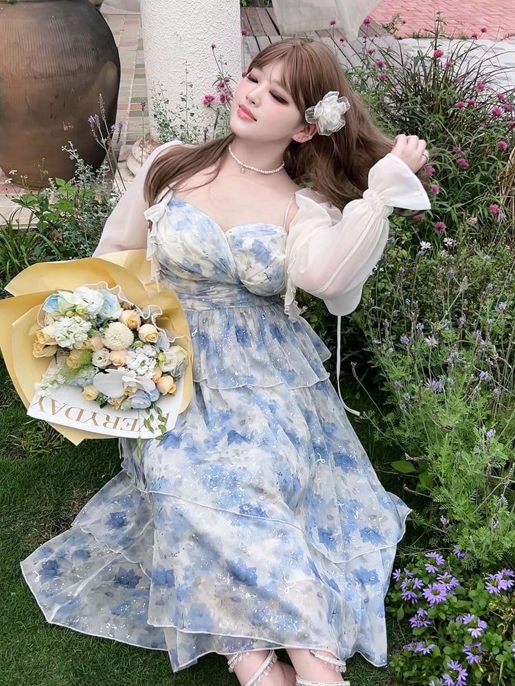 Plus Size Blue High Waist Floral Summer Holiday Dress