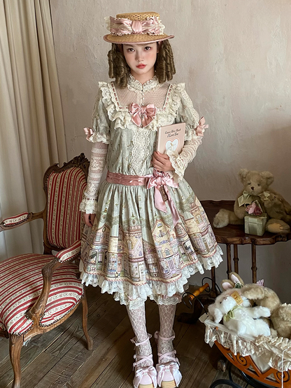 Green Ruffle Neckline Sweet Lolita Dress with Fairytale Town Print and Lace Trim