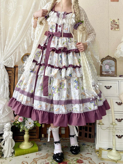 Blueberry and Ice Cream Print Tiered Skirt Purple Ruffle Trimming Lolita Dress