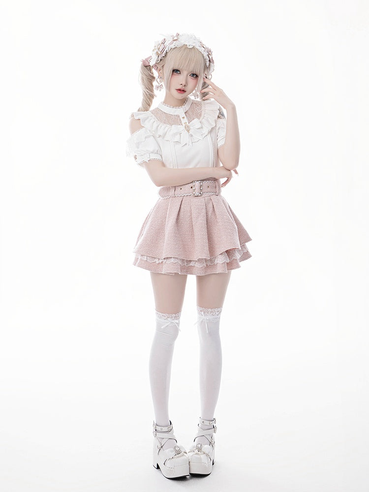 Jirai Kei White Illusion Neckline Cutout Shoulder Short Sleeve Blouse with Free Bowtie