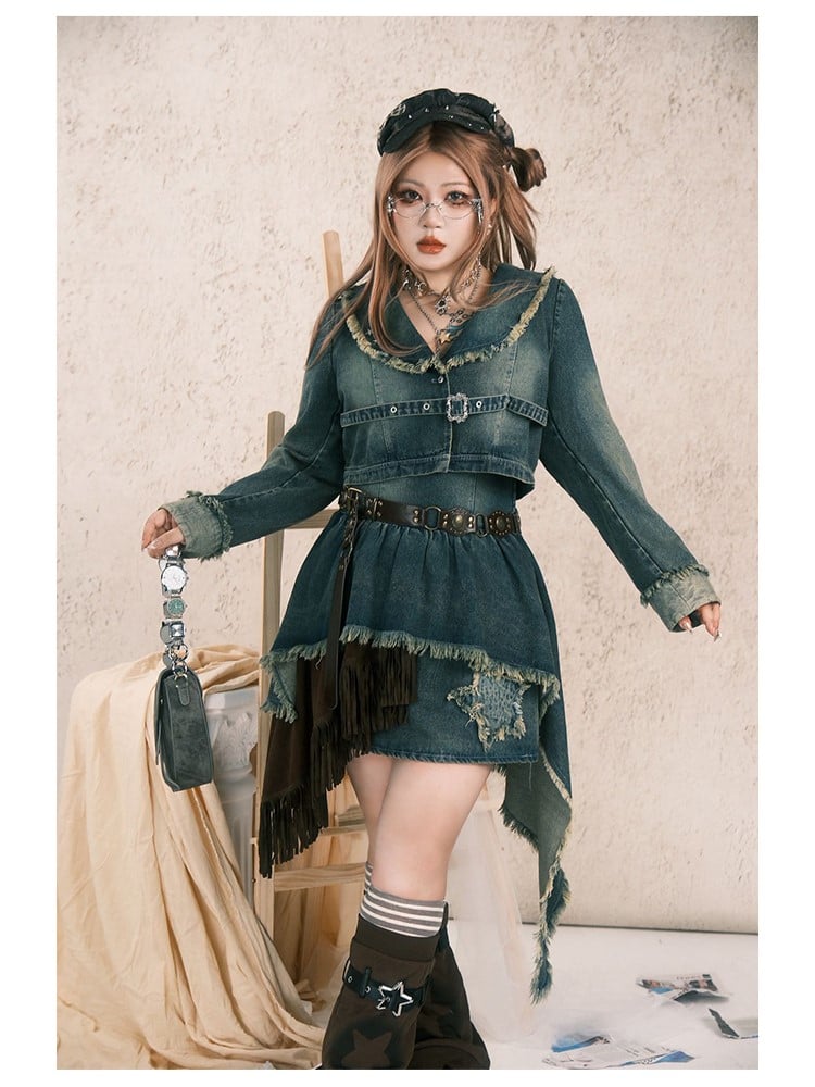 Plus Size Y2K Gray-Blue Distressed Denim Slip Dress with Layered Asymmetrical Hem & Star Patch