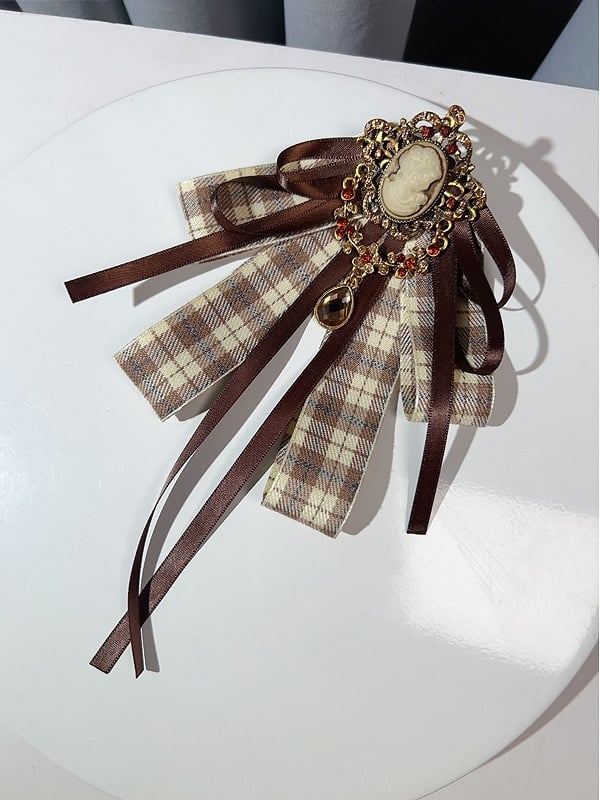 Brown/Black Preppy Style Rhinestone Decorated Plaid Pattern Bow Tie
