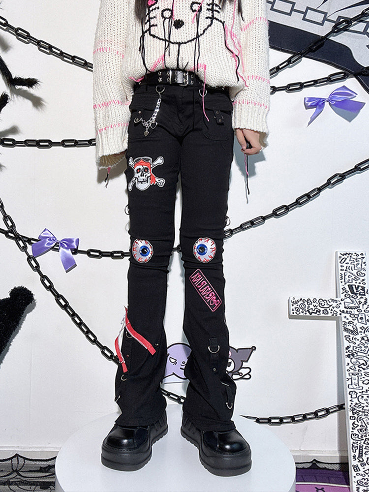 Skull and Chains Decorated Black Zips Design Punk Jeans