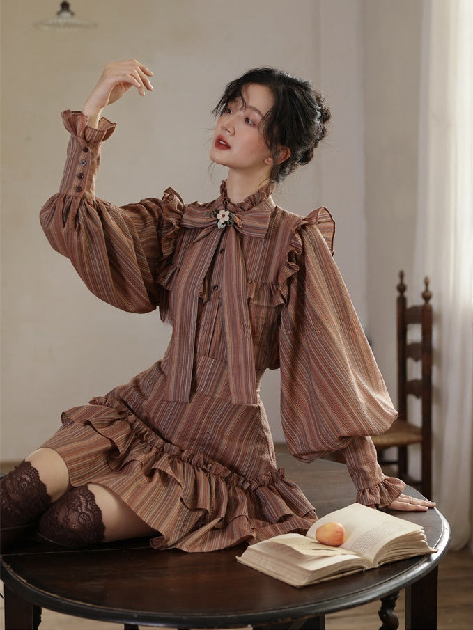 Reddish Brown Striped Pattern Vintage Bishop Sleeves Ruffle Trim Blouse