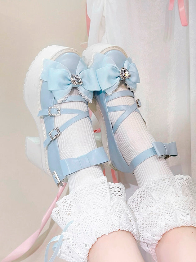 Blue Rhinestone Bowknot Jirai Kei Platform High Heels