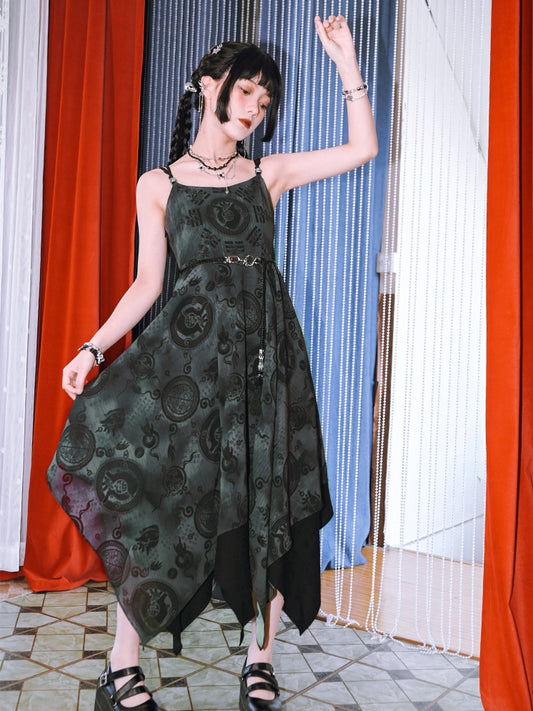 Black Chiffon Handkerchief Hem Cheongsam Style Graphic Cami Dress