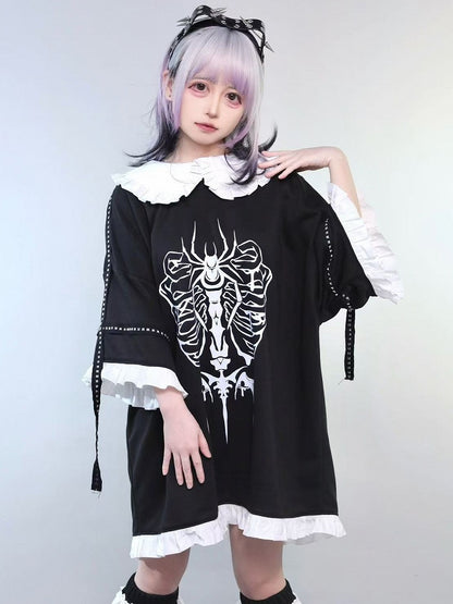 Black Jirai Kei Peter Pan Collar Insect Print Ruffles Trim T-shirt With Studs Decorated Leg Warmers