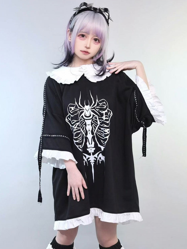 Black Jirai Kei Peter Pan Collar Insect Print Ruffles Trim T-shirt With Studs Decorated Leg Warmers