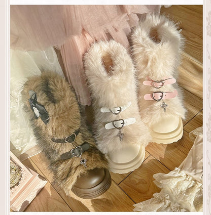 Black/Coffee/Pink/White Heart-shaped Buckle Bow Shaggy Boots