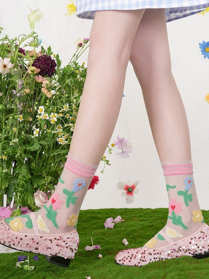Pink/Blue/Beige Floral Pattern Semi-sheer Calf Socks
