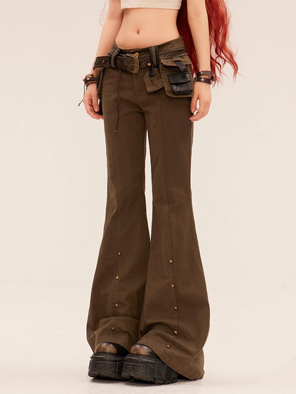 Brown Low Waist Studded Cuffs Flared Pants with Buckle Belt