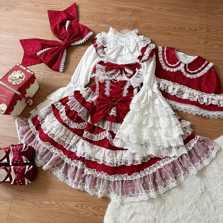 White Lace Trims Red Bows Decorated Hanayome Dress Lolita Jumper Skirt