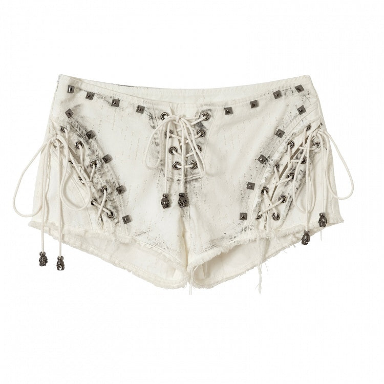 Black/White Wasteland Punk Studs Decorated Lace-up Details Raw Hem Shorts