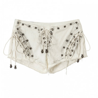Black/White Wasteland Punk Studs Decorated Lace-up Details Raw Hem Shorts