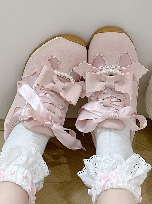 Pink Sweet Lolita Sneakers - Beads Decor Detachable Bow with Lace-Up Design