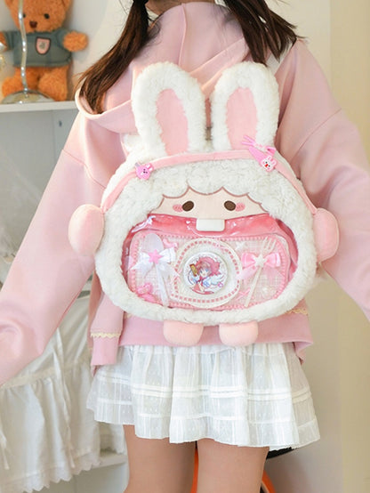 White And Pink Cute Rabbit-shaped Plush Ita Bag Backpack