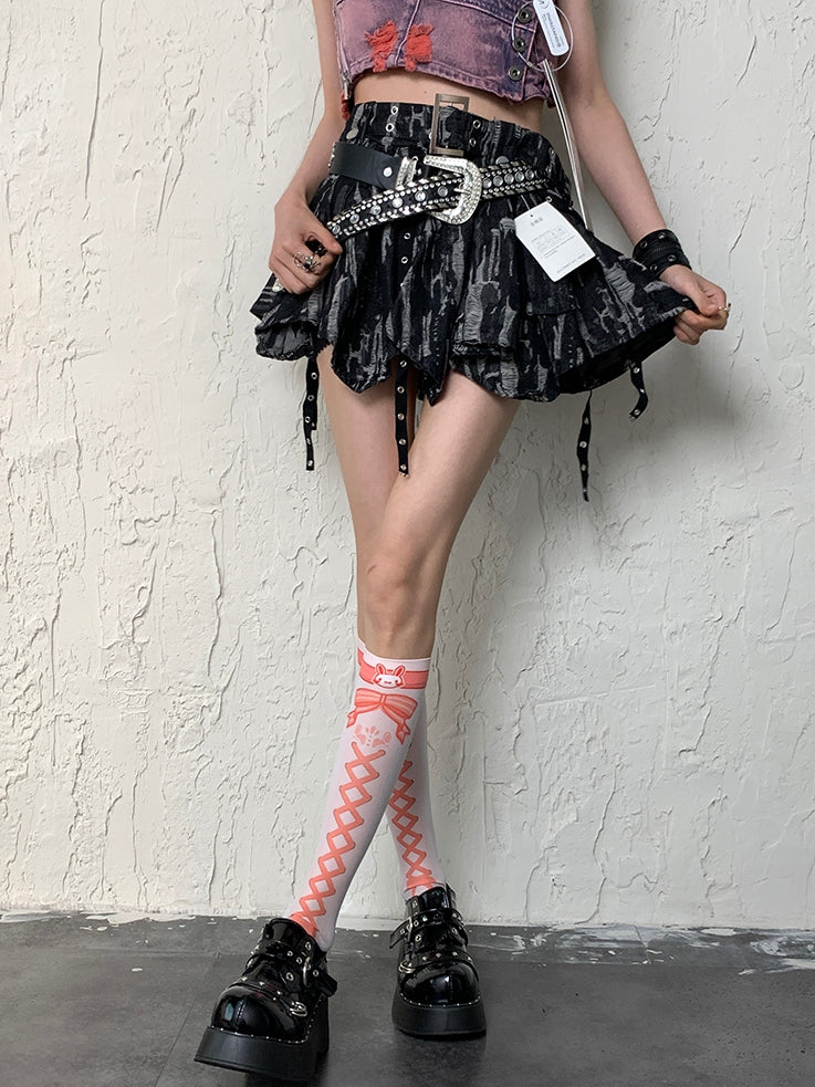 White&Orange Y2K Crisscorss Banded Bunny And Bowknot Print Underknee Stockings