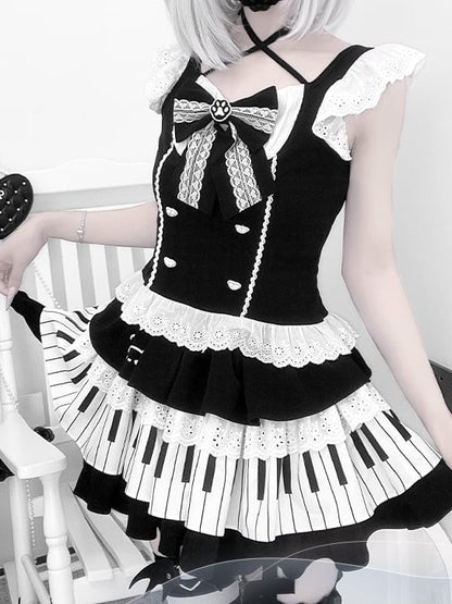Black and White Flutter Sleeves Halter Top+ Piano Key Design Tiered Skirt + Striped Armwear Set