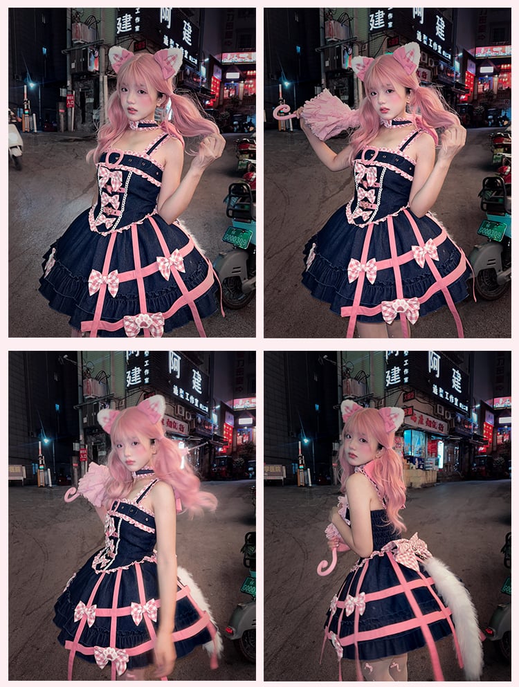 Y2K Pink Plaid Bowknots Birdcage Design Blue Denim Sweet Lolita Dress Jumper Skirt