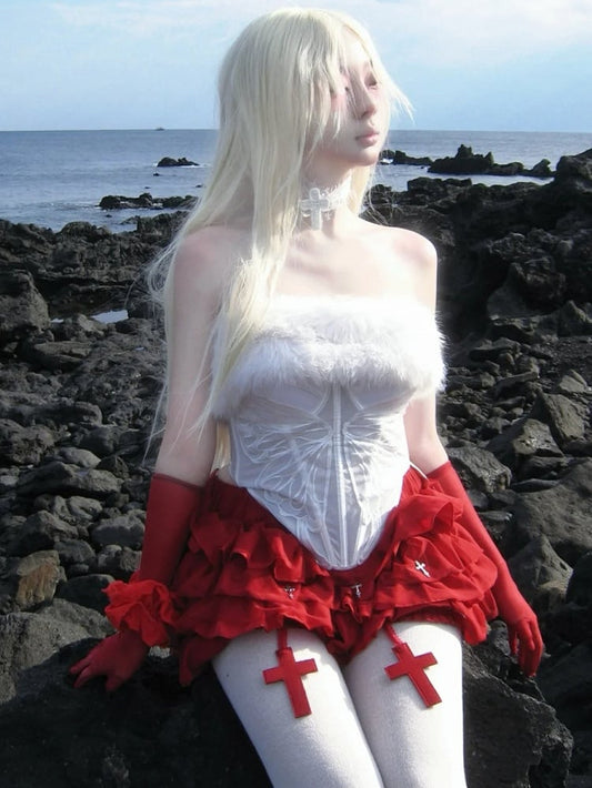 Gothic White Plush Neckline Butterfly Embroidery Semi-sheer Boned Corset