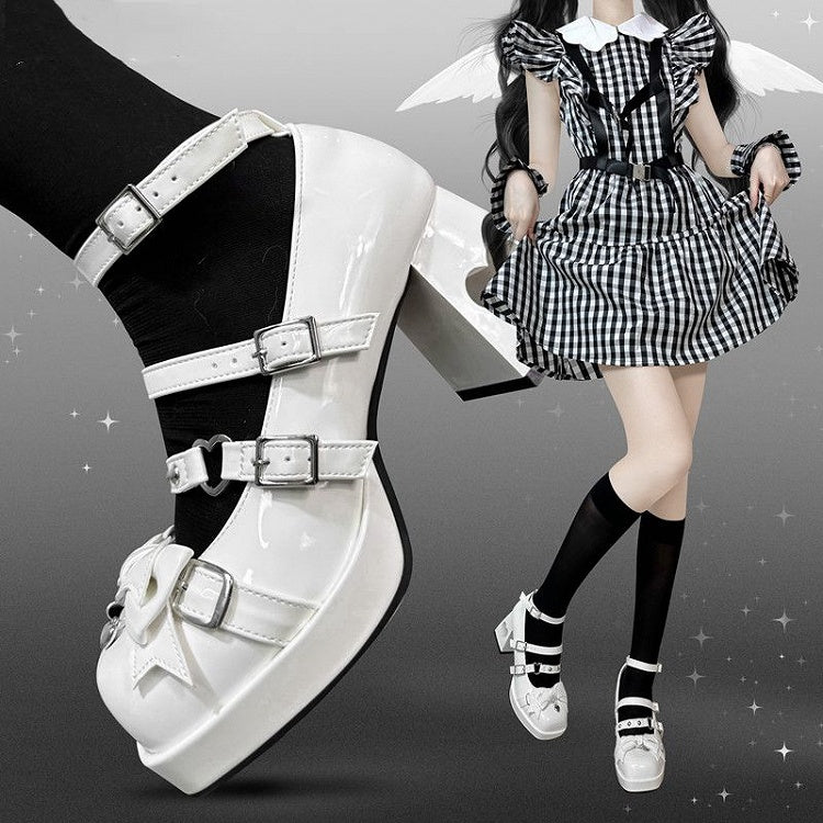 Gothic Wings Bow White Heart Hollowed Block Heels Punk Shoes