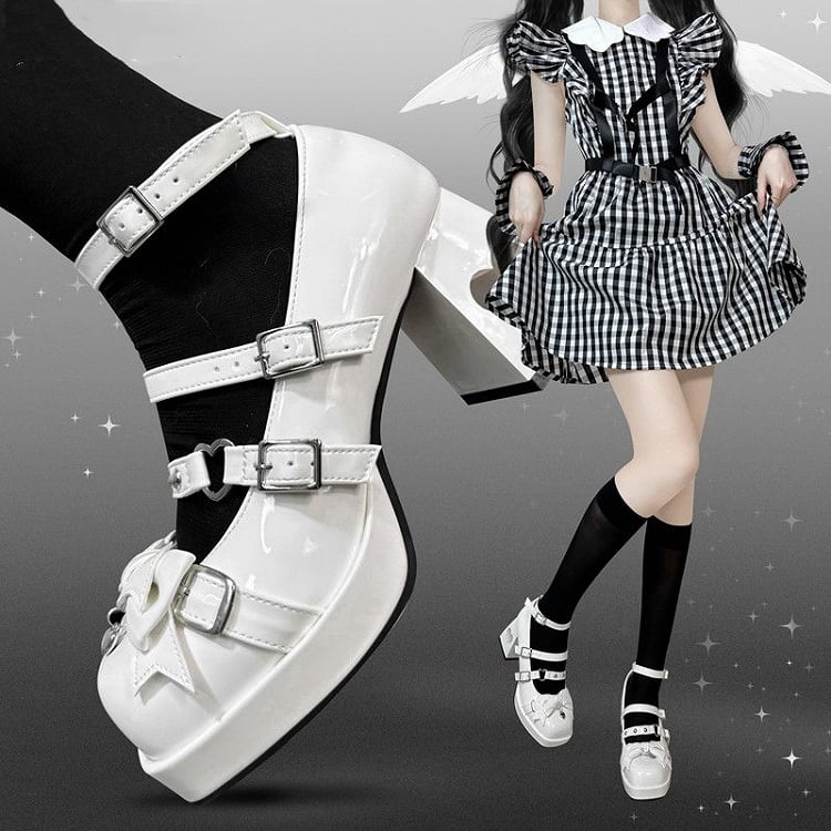 Gothic Wings Bow White Heart Hollowed Block Heels Punk Shoes