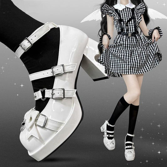 Gothic Wings Bow White Heart Hollowed Block Heels Punk Shoes