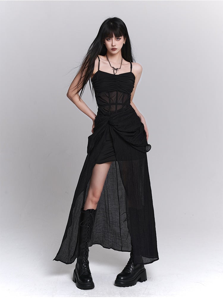 Gothic Black Twist Detail Slit Slip Dress
