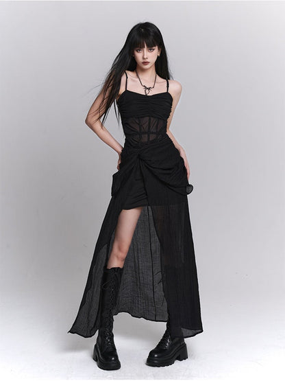 Gothic Black Twist Detail Slit Slip Dress