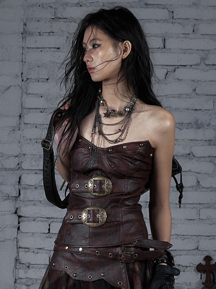 Red/Brown Wasteland Punk Buckle Decorated PU Bustier Top