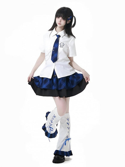 Black and Blue Plaid Star Stud Details Tiered Skirt