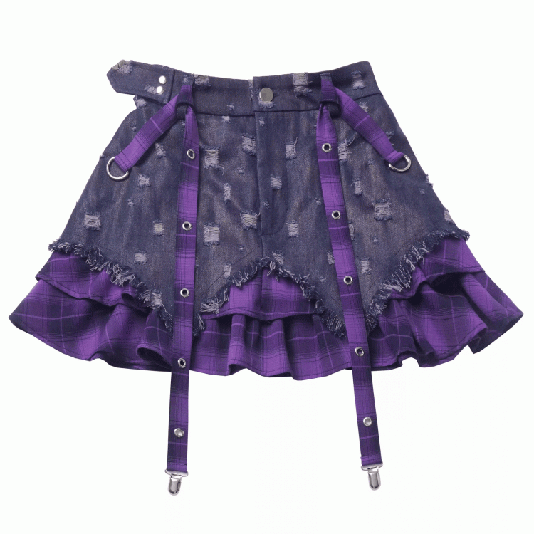 Y2K Purple Plaid Hem Distressed Holes Tie Dye Denim Skirt