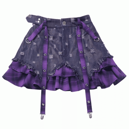 Y2K Purple Plaid Hem Distressed Holes Tie Dye Denim Skirt