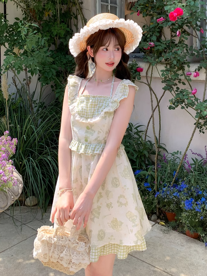 Light Green Plaid Flutter Sleeves Cartoon Print Mori Kei Halter Dress