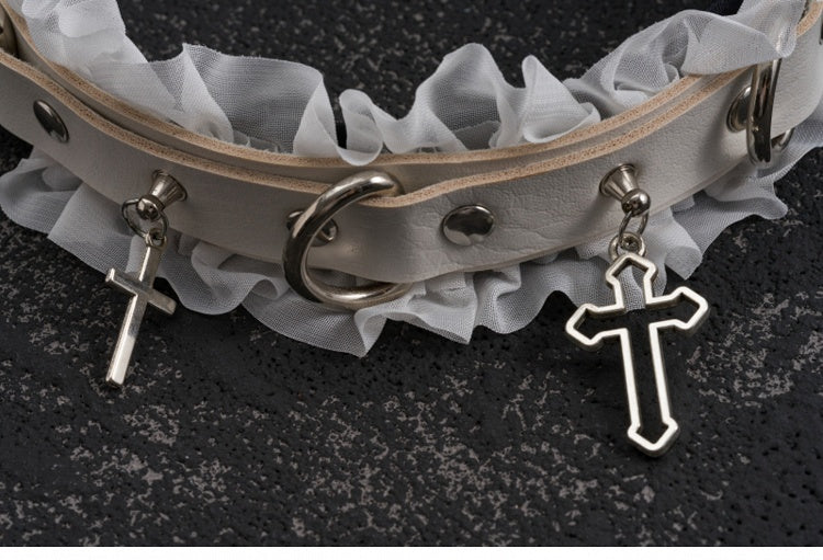White Gothic Cross Stud Ring Buckle PU Ruffled KC