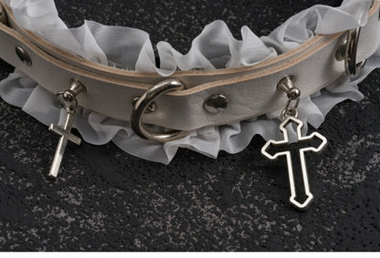 White Gothic Cross Stud Ring Buckle PU Ruffled KC