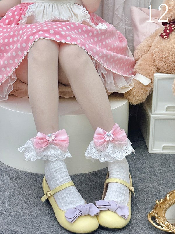 14 Options Black/White Lolita Calf Socks With Bowknot Details And White Lace Cuffs