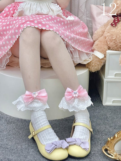 14 Options Black/White Lolita Calf Socks With Bowknot Details And White Lace Cuffs