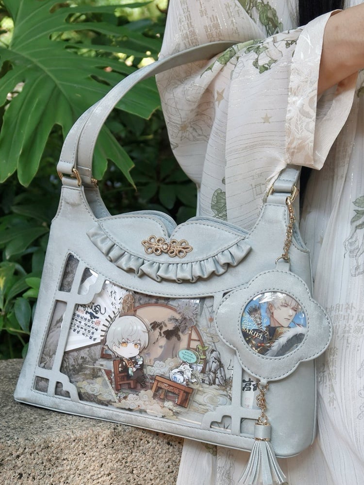 Gray Bow Accents Cheongsam Style Ita Shoulder Bag with Free Charm