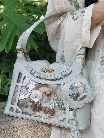 Gray Bow Accents Cheongsam Style Ita Shoulder Bag with Free Charm