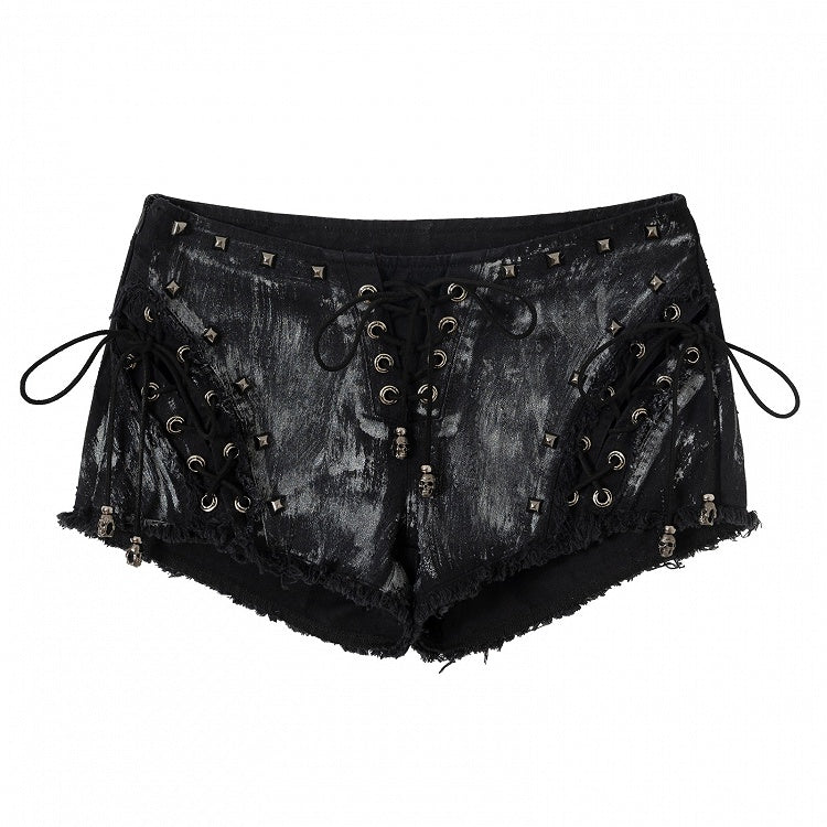 Black/White Wasteland Punk Studs Decorated Lace-up Details Raw Hem Shorts