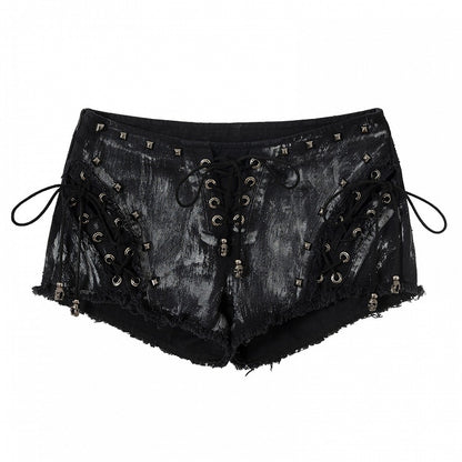 Black/White Wasteland Punk Studs Decorated Lace-up Details Raw Hem Shorts