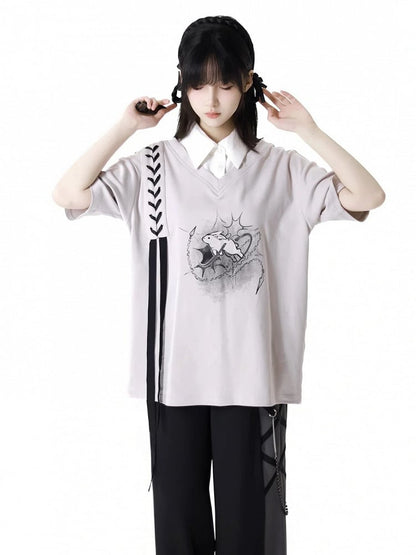 Clearance-Size S for Bust 110CM Gray Bunny Print Faux Two-pieces T-Shirt