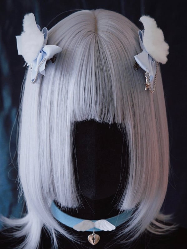 Star Charm Handmade Plush Angel Wings White and Blue Bowknot Hairclips