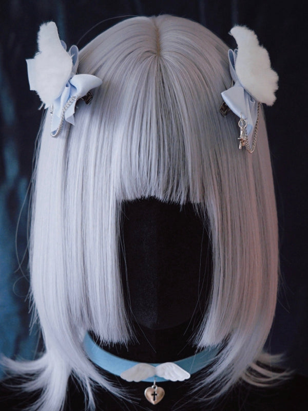 Star Charm Handmade Plush Angel Wings White and Blue Bowknot Hairclips