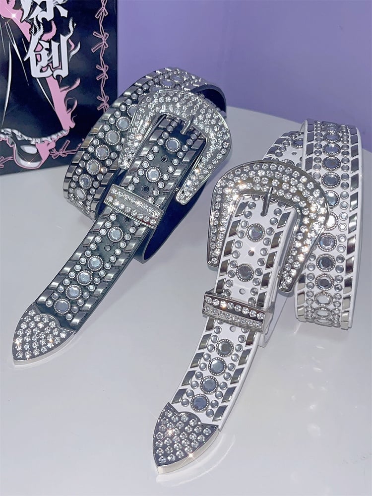 Black/White Punk Rhinestone Decorated Studs Details Waist Belt