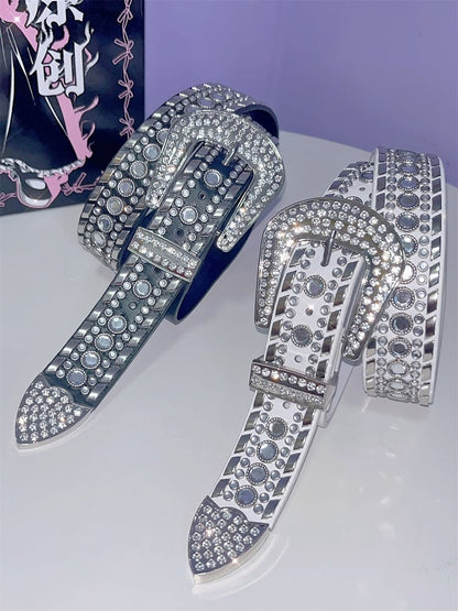 Black/White Punk Rhinestone Decorated Studs Details Waist Belt