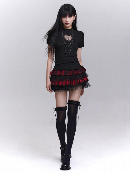 Red and Black Plaid Elastic Waist Lace Trim Mini Tiered Skirt Bloomers Lining