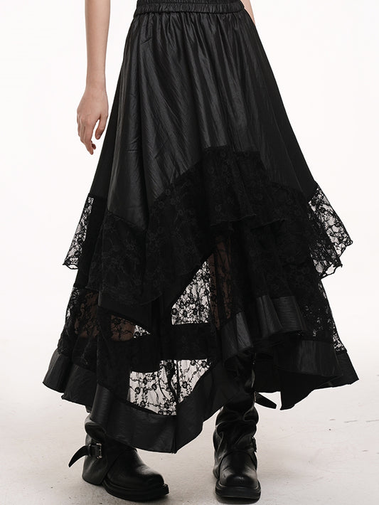 Black Elastic Waist Asymmetrical Hem Lace Patches Skirt