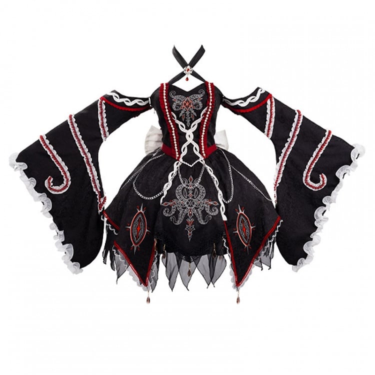 Black and Red Halter Neck Cthulhu Vibes Lolita Dress with Detachable Bell Sleeves